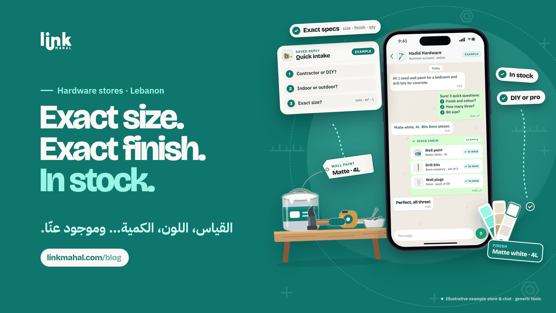 Teal WhatsApp hardware store Lebanon illustration: an example chat confirming matte white paint, 8mm masonry drill bits and wall plugs beside a workbench