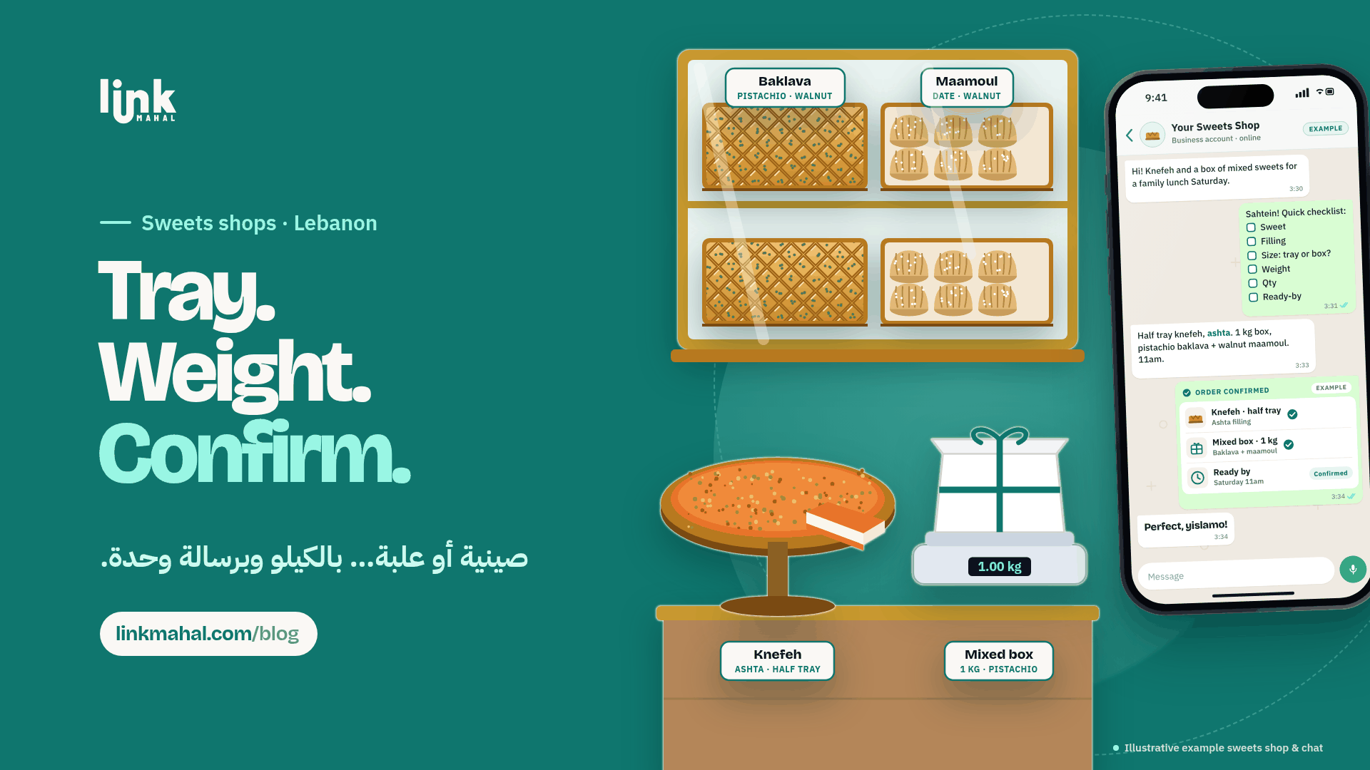 Illustration of a hypothetical sweets order chat with a sweet, filling, size, weight, quantity and ready-by checklist and an order confirmation