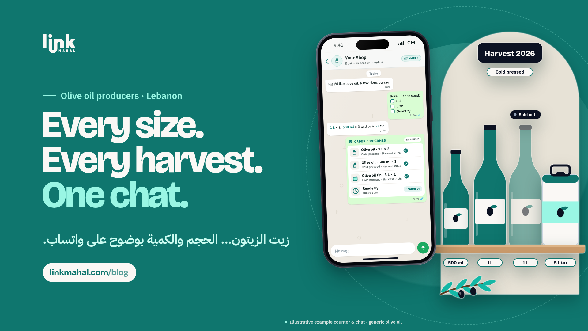 Hypothetical producer shelf for WhatsApp olive oil Lebanon orders: bottles by size, a sold-out batch tag, an order checklist and one confirmation message
