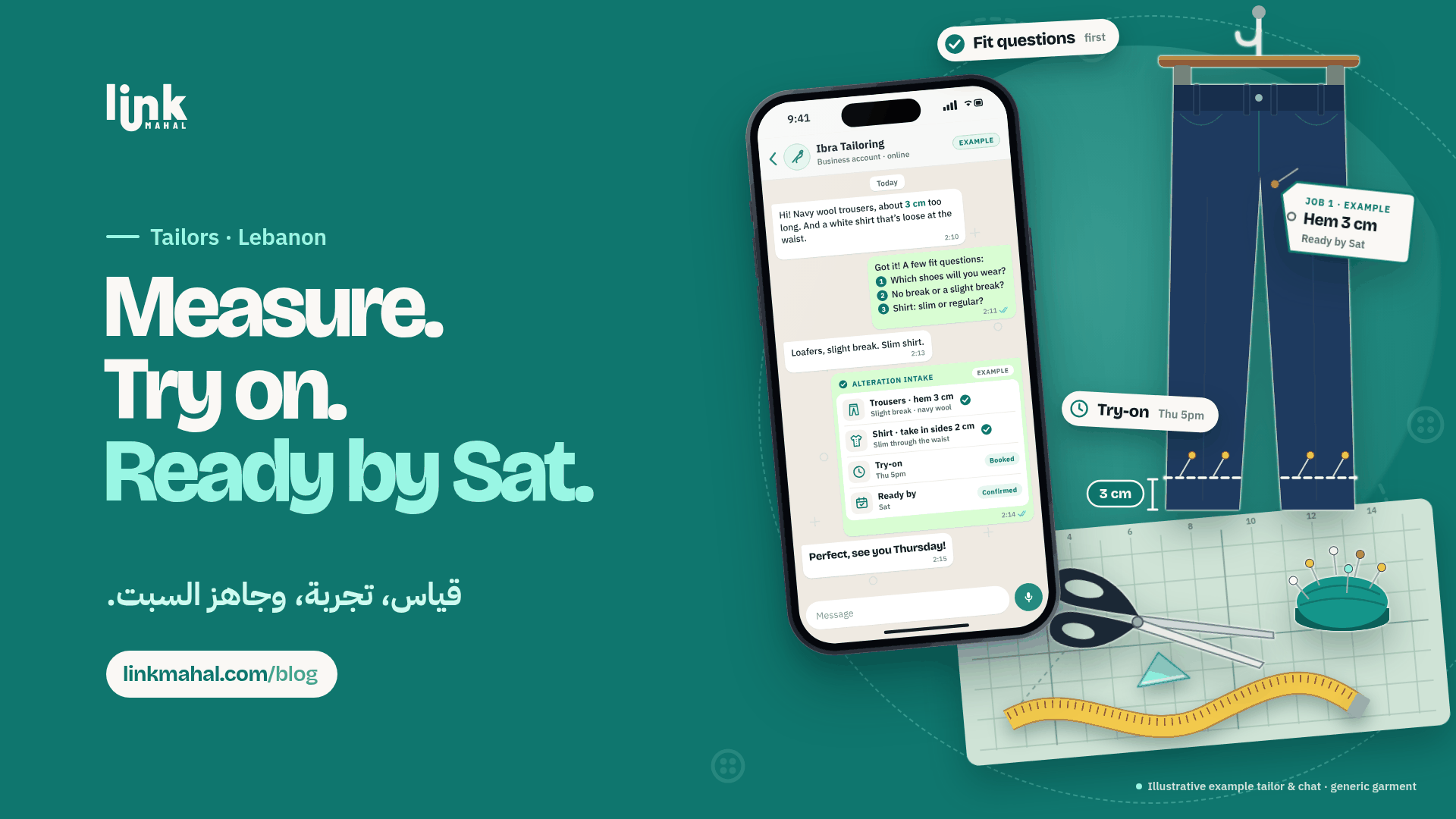 Teal WhatsApp tailor Lebanon illustration: example alteration intake for a trouser hem and shirt take-in, with a Thursday try-on and ready-by date